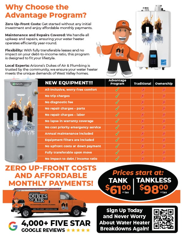 Never worry about hot water again with our new water heater advantage plan. Low monthly payments and zero hassle!